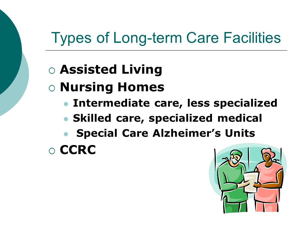 Types of Long-term Care Facilities  Assisted Living  Nursing Homes Intermediate care, less specialized Skilled care, specialized medical Special Care Alzheimer’s Units  CCRC