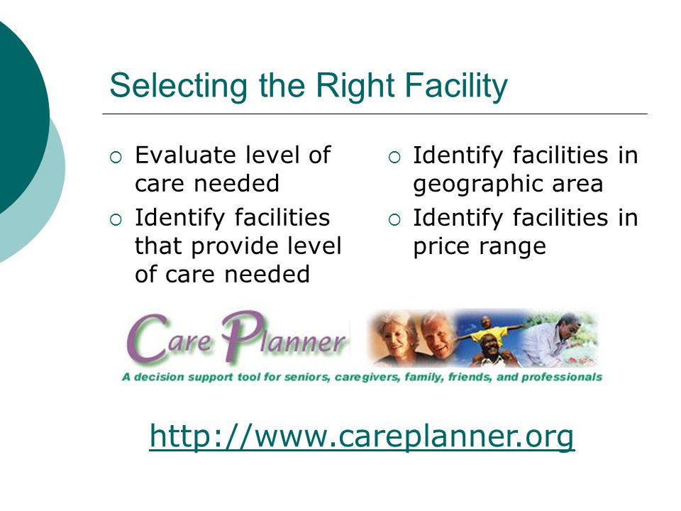 Selecting the Right Facility  Evaluate level of care needed  Identify facilities that provide level of care needed  Identify facilities in geographic area  Identify facilities in price range