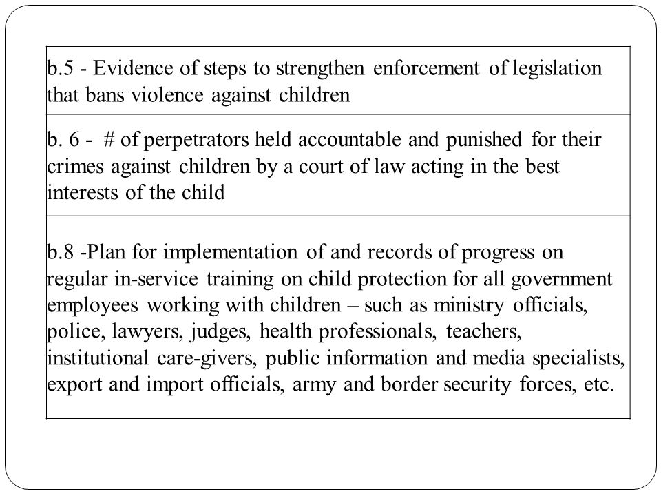b.5 - Evidence of steps to strengthen enforcement of legislation that bans violence against children b.