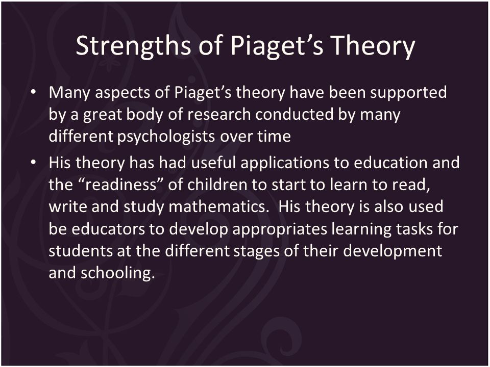 Strengths of Piaget’s Theory Many aspects of Piaget’s theory have been supported by a great body of research conducted by many different psychologists over time His theory has had useful applications to education and the readiness of children to start to learn to read, write and study mathematics.