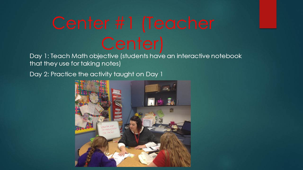 Center #1 (Teacher Center) Day 1: Teach Math objective (students have an interactive notebook that they use for taking notes) Day 2: Practice the activity taught on Day 1