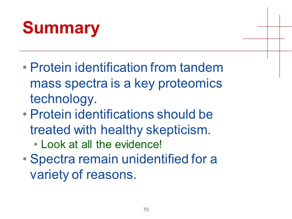 70 Summary Protein identification from tandem mass spectra is a key proteomics technology.