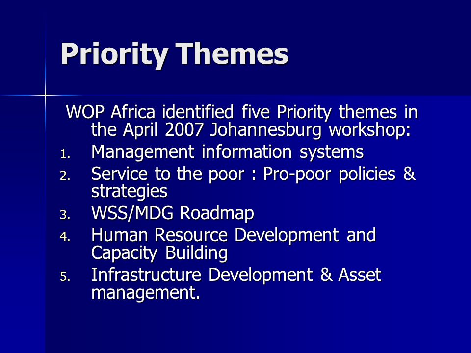 Priority Themes WOP Africa identified five Priority themes in the April 2007 Johannesburg workshop: WOP Africa identified five Priority themes in the April 2007 Johannesburg workshop: 1.