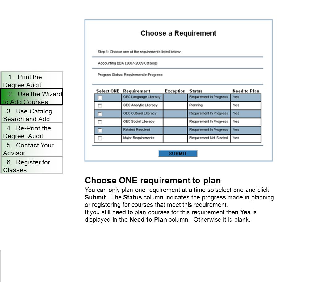 Choose ONE requirement to plan You can only plan one requirement at a time so select one and click Submit.