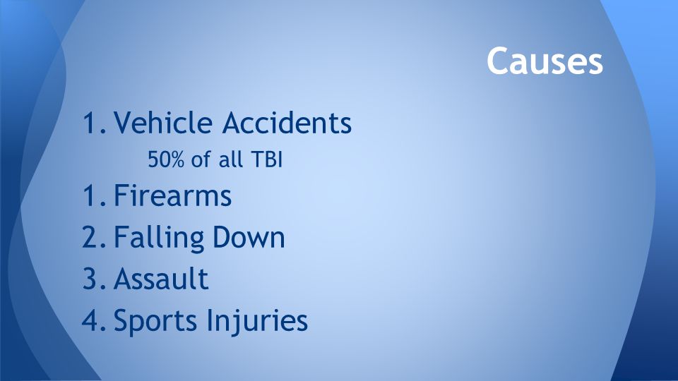 1.Vehicle Accidents 50% of all TBI 1.Firearms 2.Falling Down 3.Assault 4.Sports Injuries Causes