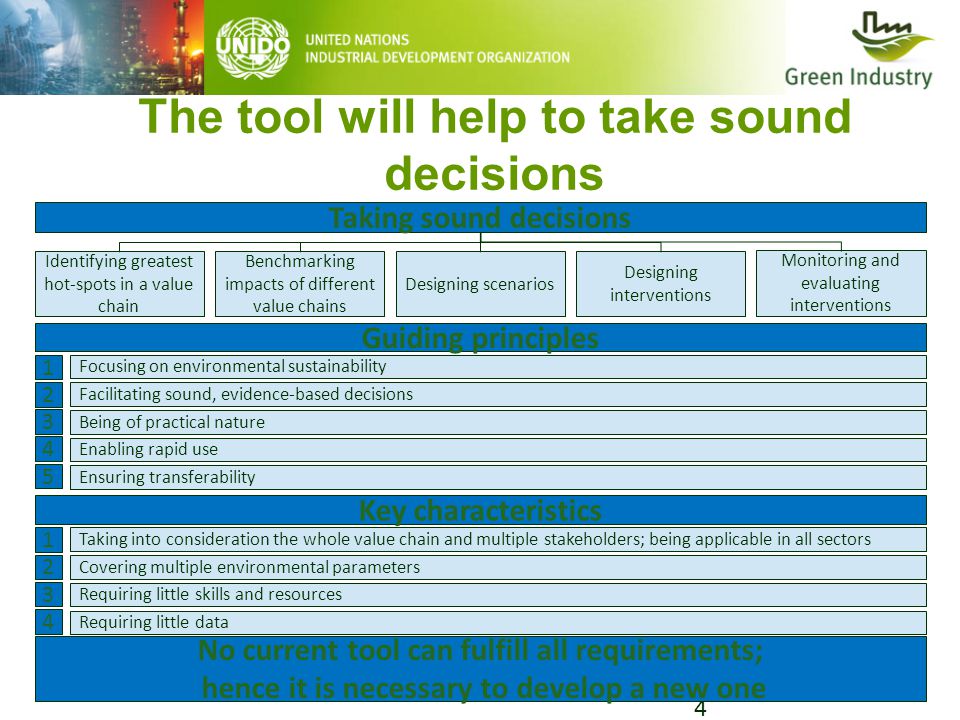 The tool will help to take sound decisions 4 Guiding principles Focusing on environmental sustainability Facilitating sound, evidence-based decisions Being of practical nature Enabling rapid use Ensuring transferability Key characteristics Taking into consideration the whole value chain and multiple stakeholders; being applicable in all sectors Covering multiple environmental parameters Requiring little skills and resources Requiring little data Taking sound decisions Identifying greatest hot-spots in a value chain Benchmarking impacts of different value chains Designing scenarios Designing interventions Monitoring and evaluating interventions No current tool can fulfill all requirements; hence it is necessary to develop a new one