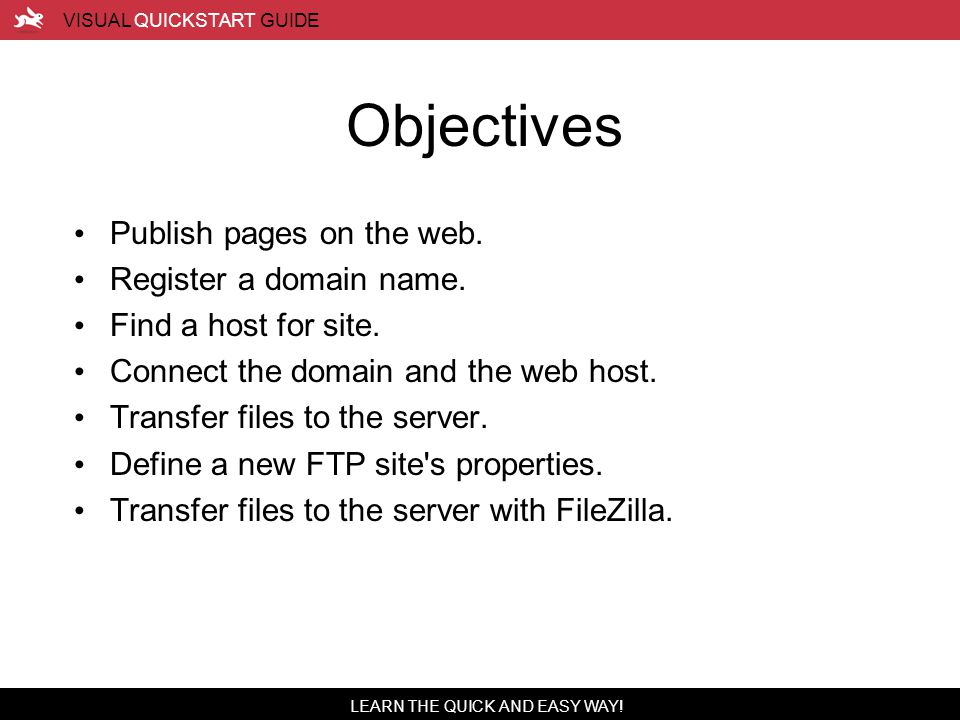 LEARN THE QUICK AND EASY WAY. VISUAL QUICKSTART GUIDE Objectives Publish pages on the web.