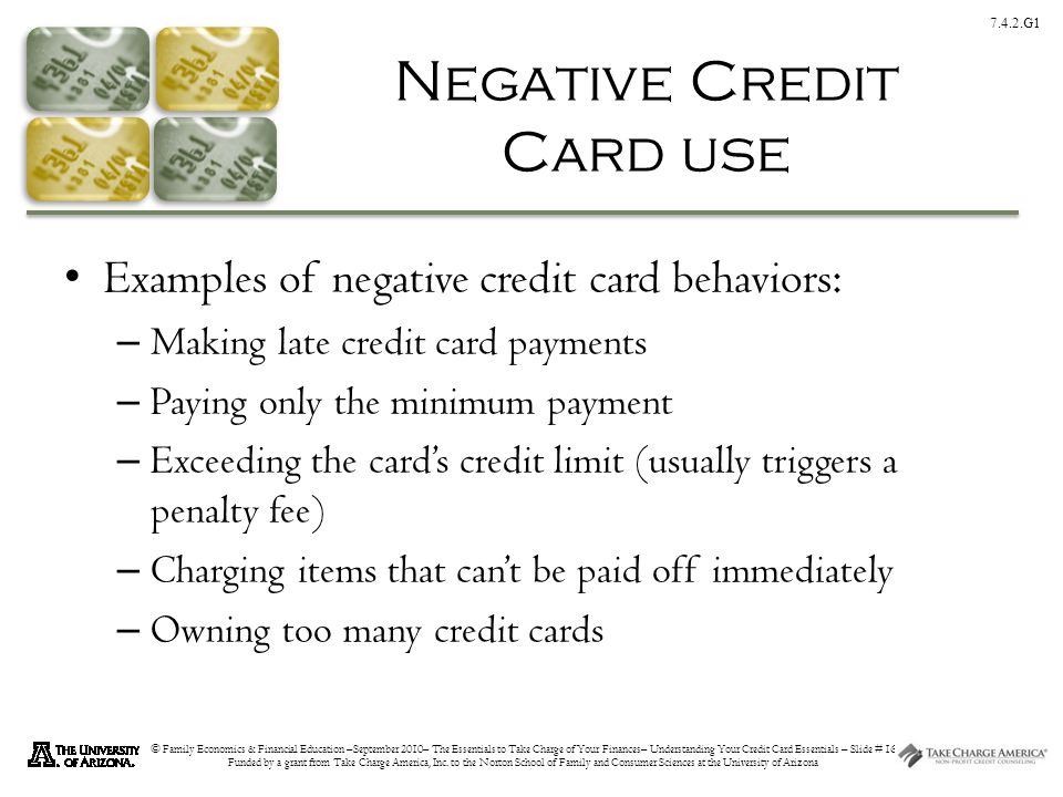 7.4.2.G1 © Family Economics & Financial Education –September 2010– The Essentials to Take Charge of Your Finances– Understanding Your Credit Card Essentials – Slide # 16 Funded by a grant from Take Charge America, Inc.