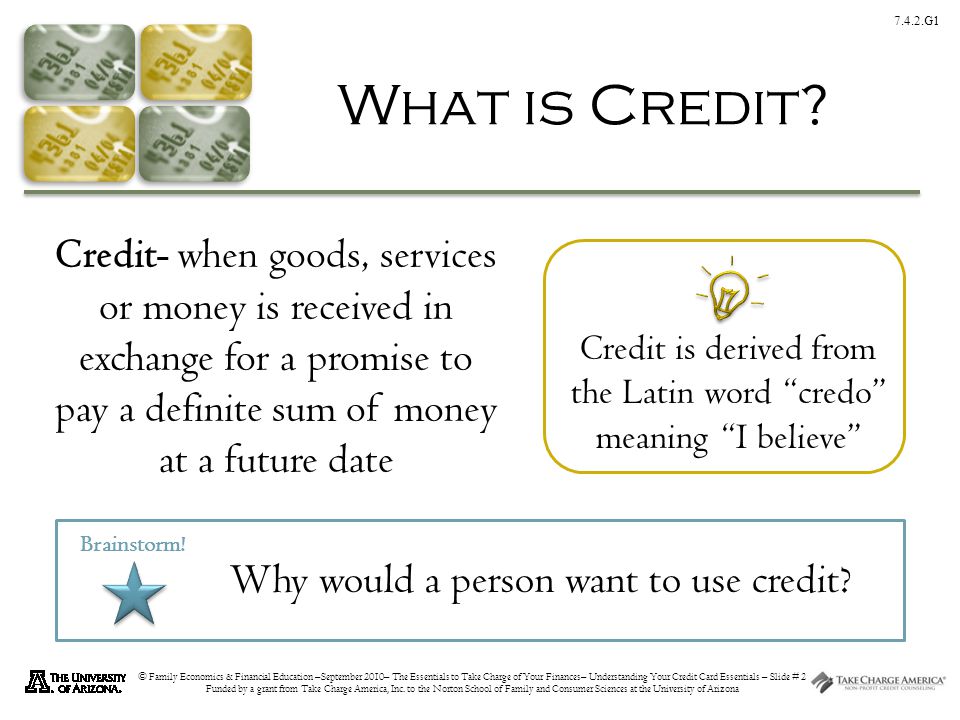 7.4.2.G1 © Family Economics & Financial Education –September 2010– The Essentials to Take Charge of Your Finances– Understanding Your Credit Card Essentials – Slide # 2 Funded by a grant from Take Charge America, Inc.