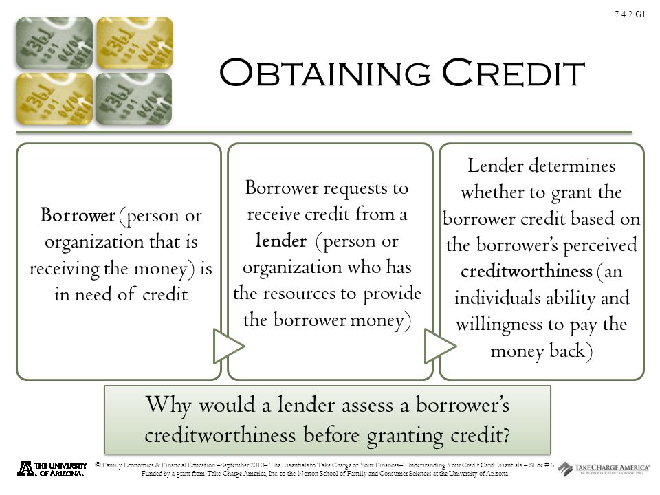 7.4.2.G1 © Family Economics & Financial Education –September 2010– The Essentials to Take Charge of Your Finances– Understanding Your Credit Card Essentials – Slide # 3 Funded by a grant from Take Charge America, Inc.