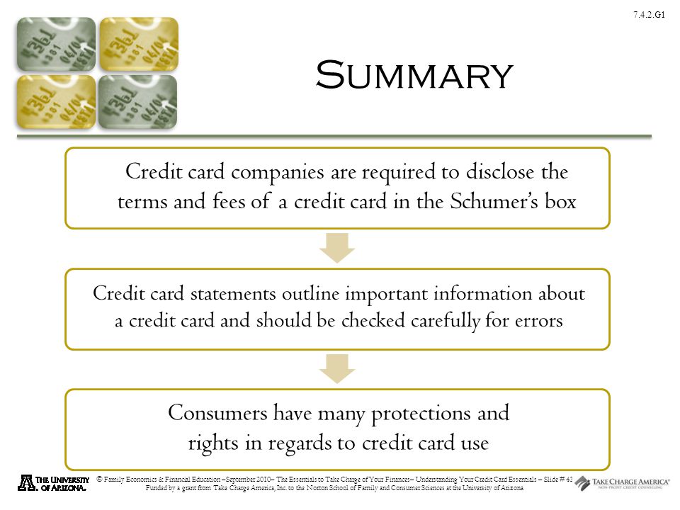 7.4.2.G1 © Family Economics & Financial Education –September 2010– The Essentials to Take Charge of Your Finances– Understanding Your Credit Card Essentials – Slide # 43 Funded by a grant from Take Charge America, Inc.