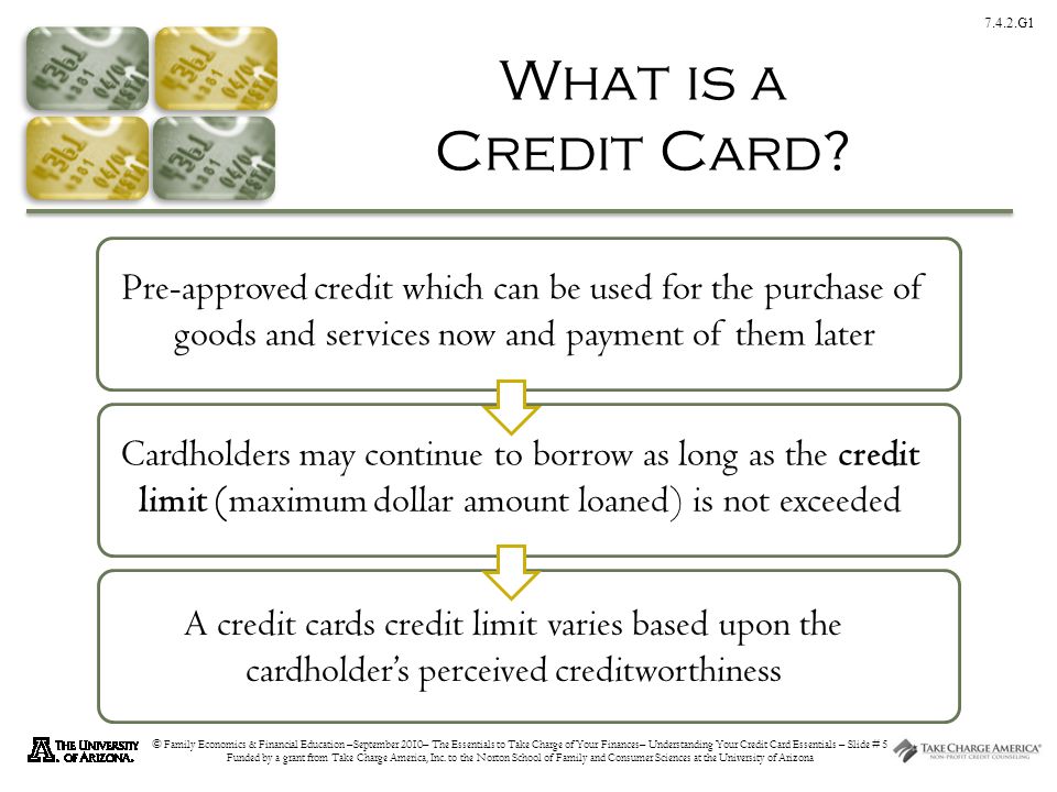 7.4.2.G1 © Family Economics & Financial Education –September 2010– The Essentials to Take Charge of Your Finances– Understanding Your Credit Card Essentials – Slide # 5 Funded by a grant from Take Charge America, Inc.