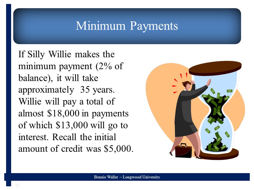 Bennie Waller – Longwood University Minimum Payments If Silly Willie makes the minimum payment (2% of balance), it will take approximately 35 years.