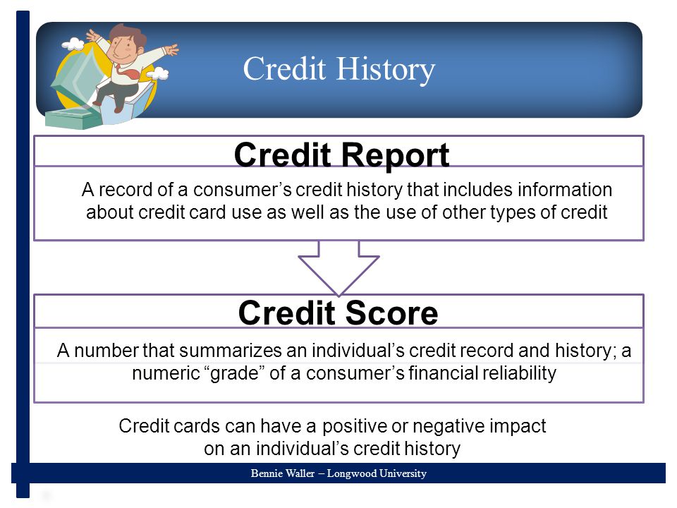 Bennie Waller – Longwood University Credit History Credit Report A record of a consumer’s credit history that includes information about credit card use as well as the use of other types of credit A number that summarizes an individual’s credit record and history; a numeric grade of a consumer’s financial reliability Credit Score Credit cards can have a positive or negative impact on an individual’s credit history