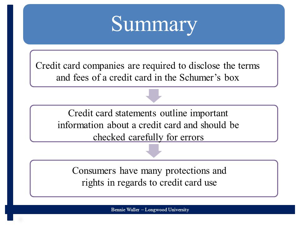 Bennie Waller – Longwood University Summary Credit card statements outline important information about a credit card and should be checked carefully for errors Consumers have many protections and rights in regards to credit card use Credit card companies are required to disclose the terms and fees of a credit card in the Schumer’s box