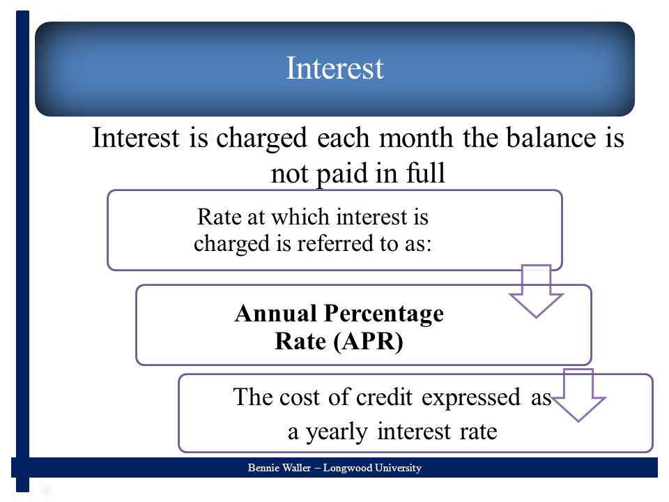 Bennie Waller – Longwood University Interest Interest is charged each month the balance is not paid in full Rate at which interest is charged is referred to as: Annual Percentage Rate (APR) The cost of credit expressed as a yearly interest rate