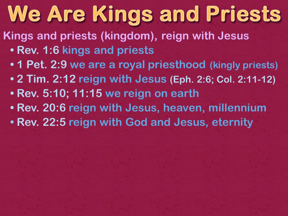 Kings and priests (kingdom), reign with Jesus Rev.