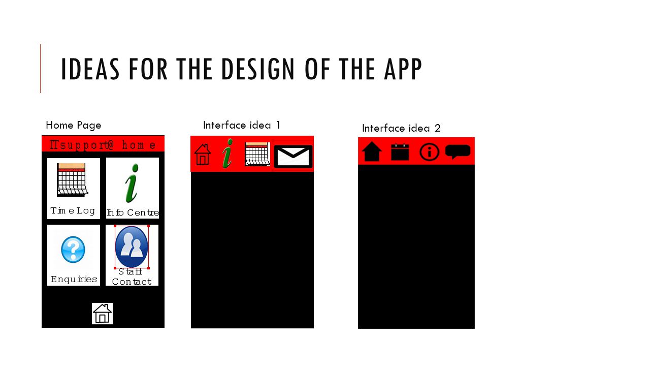 IDEAS FOR THE DESIGN OF THE APP Home Page Interface idea 2 Interface idea 1