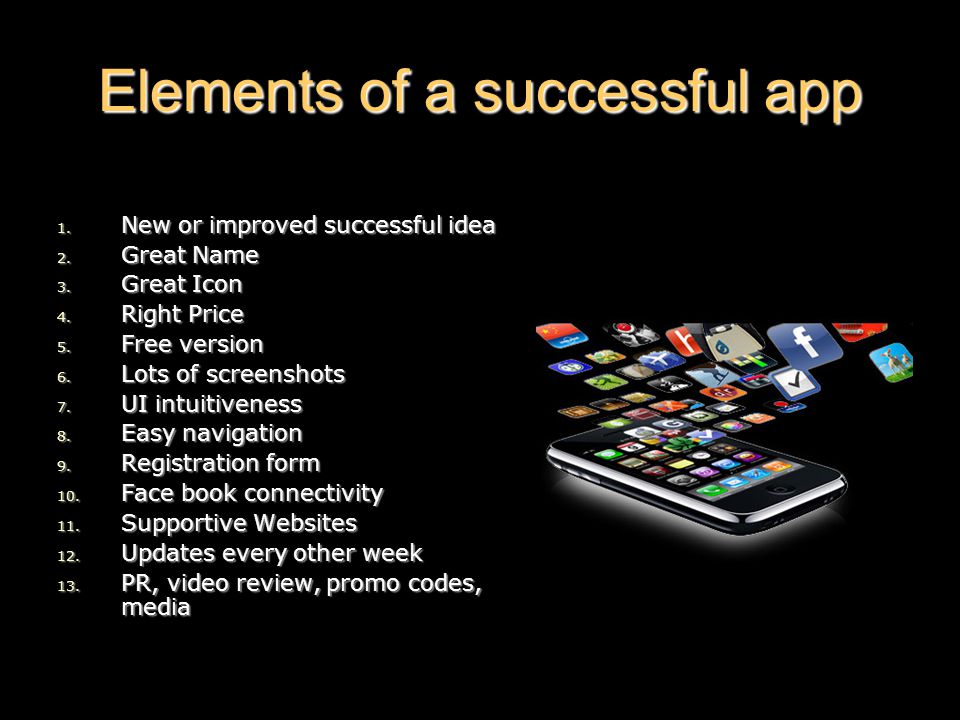 Elements of a successful app 1. New or improved successful idea 2.