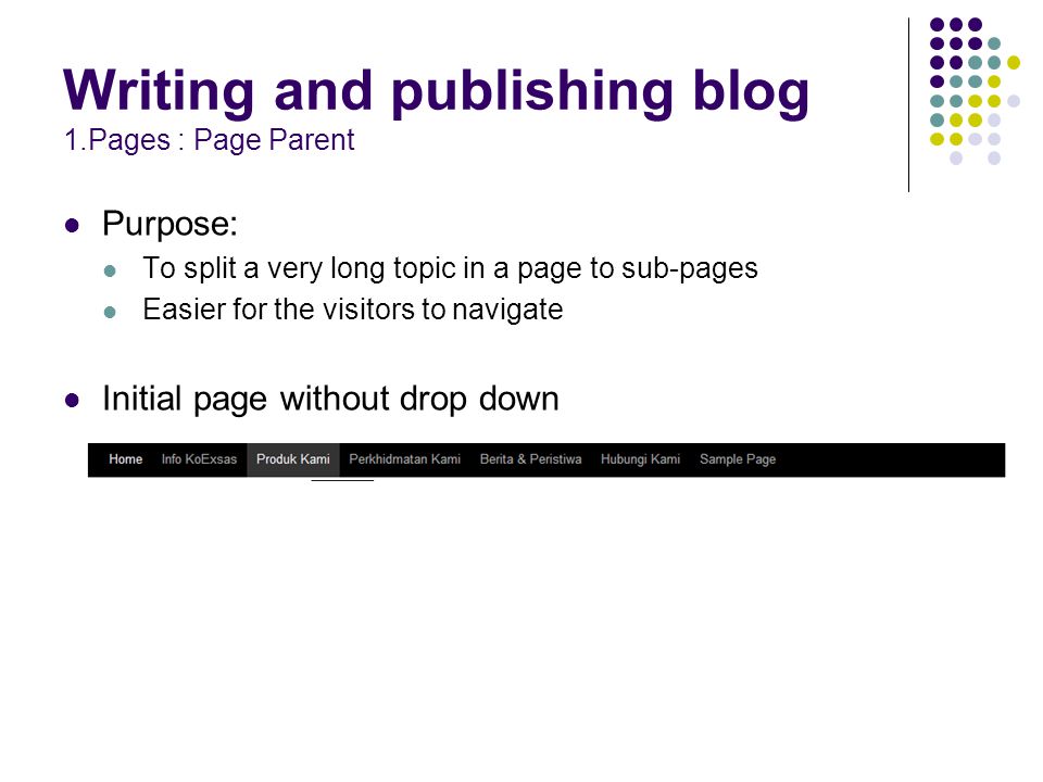 Writing and publishing blog 1.Pages : Page Parent Purpose: To split a very long topic in a page to sub-pages Easier for the visitors to navigate Initial page without drop down