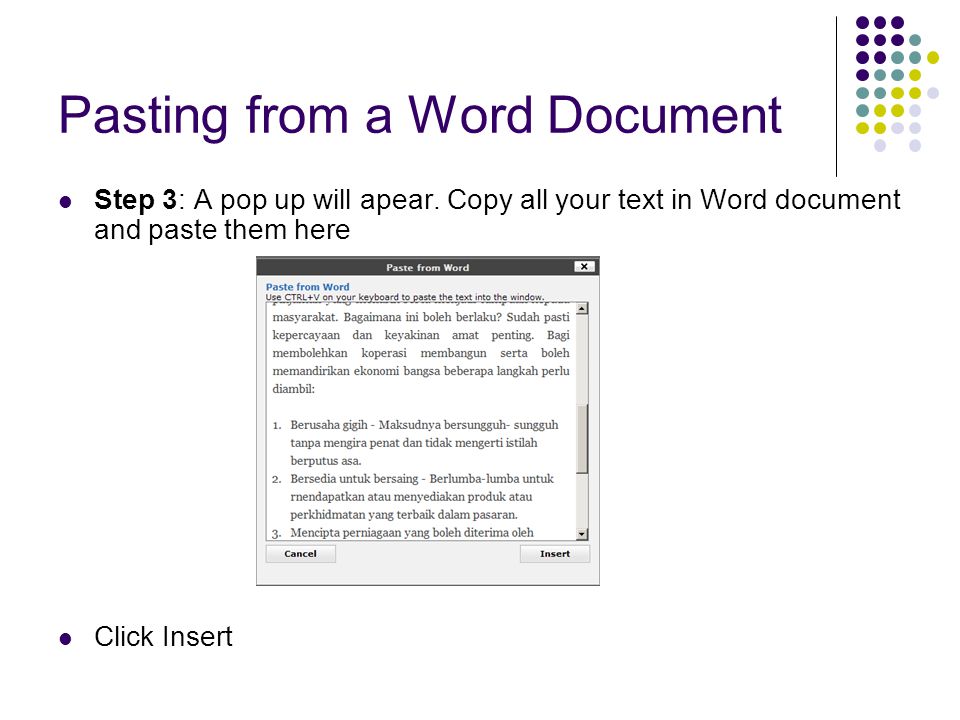 Pasting from a Word Document Step 3: A pop up will apear.