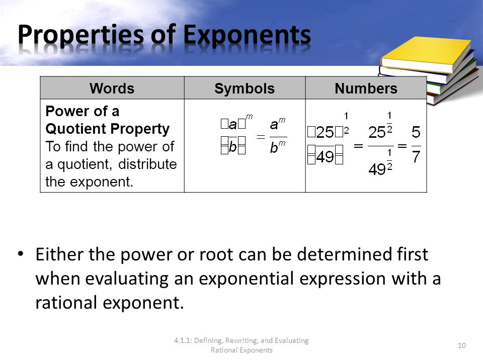 4.1.1: Defining, Rewriting, and Evaluating Rational Exponents 9 WordsSymbolsNumbers Power of a Power Property To raise one power to another power, multiply the exponents.