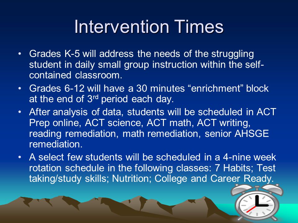 Intervention Times Grades K-5 will address the needs of the struggling student in daily small group instruction within the self- contained classroom.