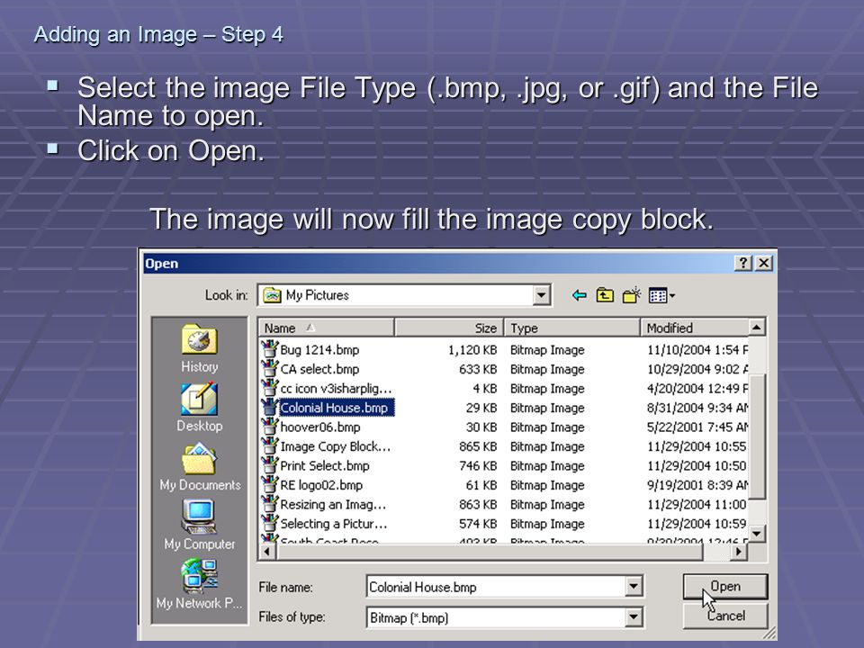Adding an Image – Step 4  Select the image File Type (.bmp,.jpg, or.gif) and the File Name to open.