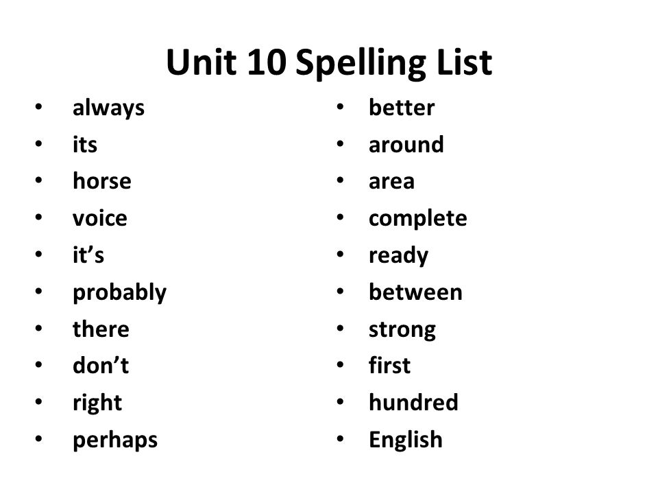 Unit 10 Spelling List always its horse voice it’s probably there don’t right perhaps better around area complete ready between strong first hundred English