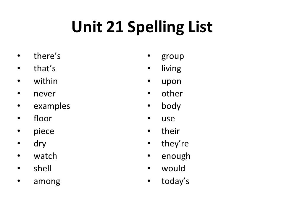 Unit 21 Spelling List there’s that’s within never examples floor piece dry watch shell among group living upon other body use their they’re enough would today’s