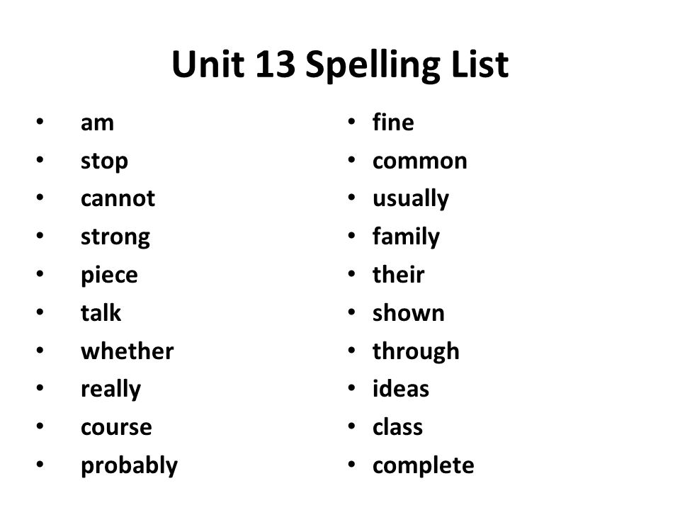 Unit 13 Spelling List am stop cannot strong piece talk whether really course probably fine common usually family their shown through ideas class complete