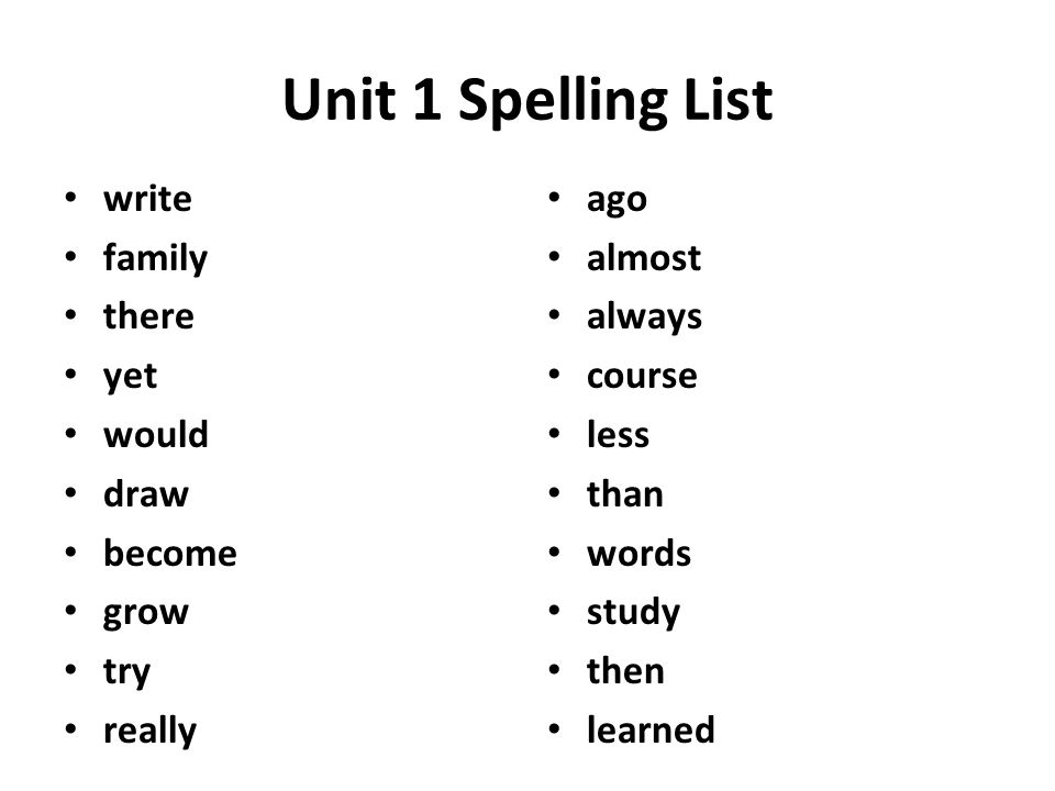 Unit 1 Spelling List write family there yet would draw become grow try really ago almost always course less than words study then learned