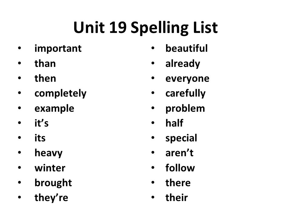 Unit 19 Spelling List important than then completely example it’s its heavy winter brought they’re beautiful already everyone carefully problem half special aren’t follow there their
