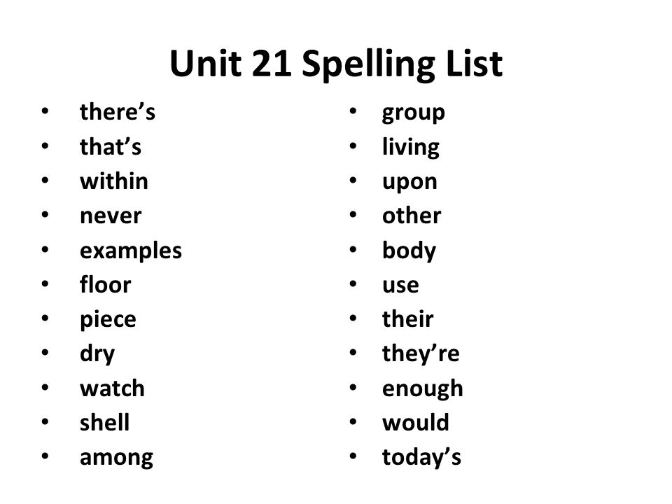 Unit 21 Spelling List there’s that’s within never examples floor piece dry watch shell among group living upon other body use their they’re enough would today’s
