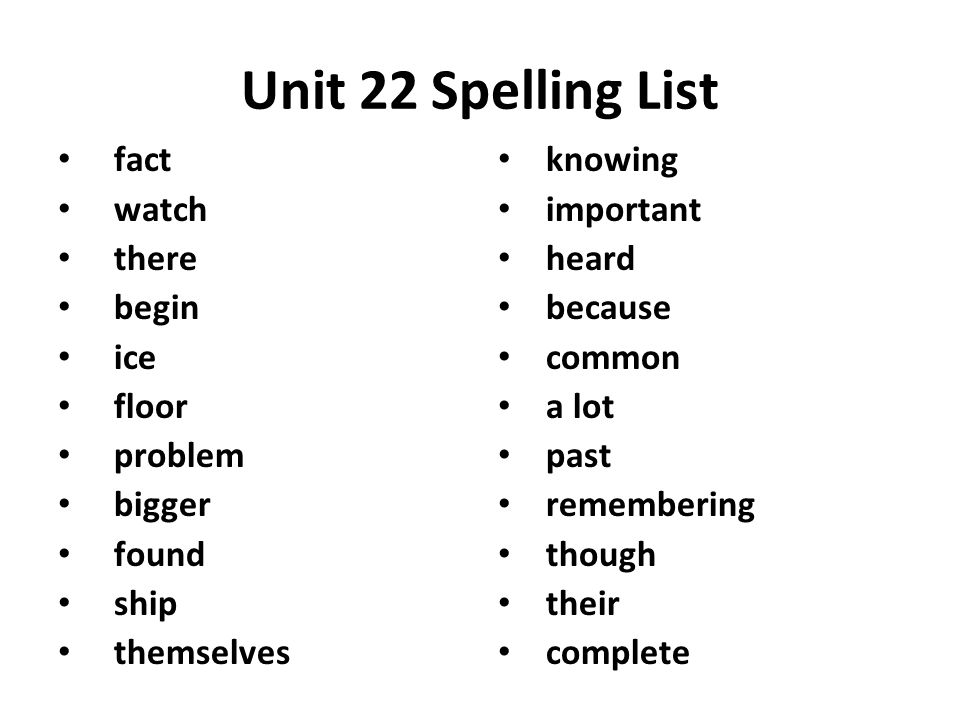 Unit 22 Spelling List fact watch there begin ice floor problem bigger found ship themselves knowing important heard because common a lot past remembering though their complete