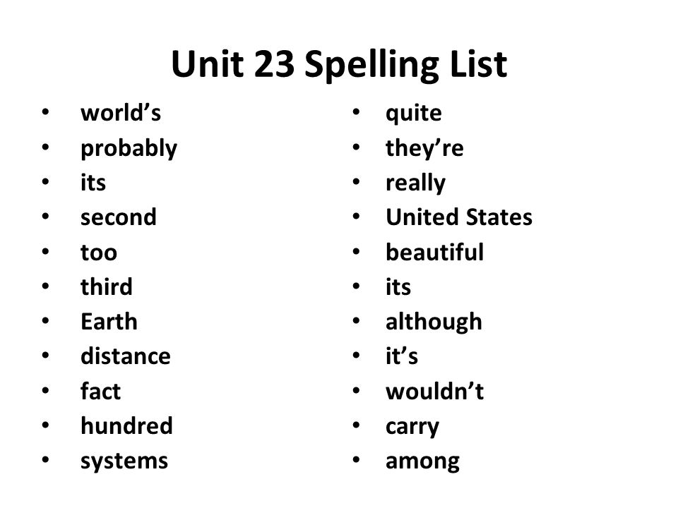 Unit 23 Spelling List world’s probably its second too third Earth distance fact hundred systems quite they’re really United States beautiful its although it’s wouldn’t carry among
