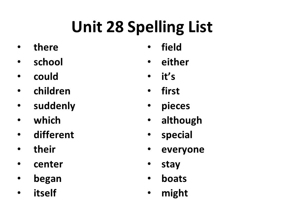 Unit 28 Spelling List there school could children suddenly which different their center began itself field either it’s first pieces although special everyone stay boats might