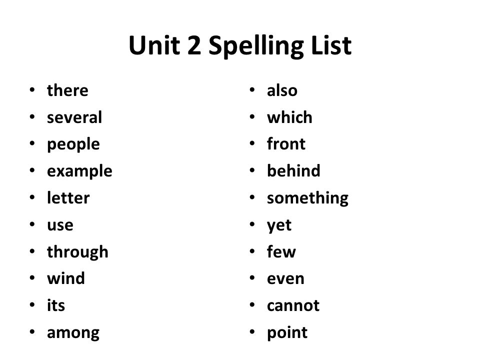 Unit 2 Spelling List there several people example letter use through wind its among also which front behind something yet few even cannot point