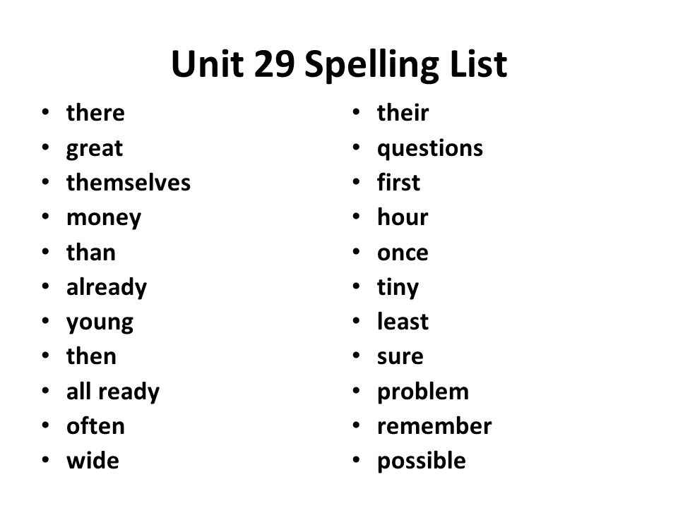 Unit 29 Spelling List there great themselves money than already young then all ready often wide their questions first hour once tiny least sure problem remember possible