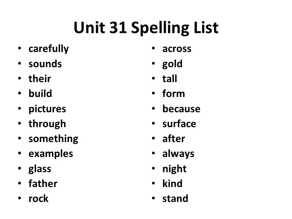 Unit 31 Spelling List carefully sounds their build pictures through something examples glass father rock across gold tall form because surface after always night kind stand