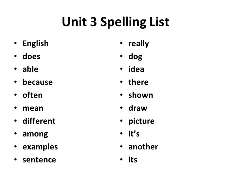 Unit 3 Spelling List English does able because often mean different among examples sentence really dog idea there shown draw picture it’s another its