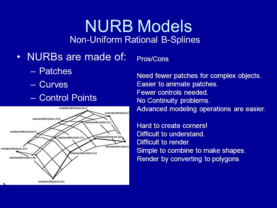 NURB Models NURBs are made of: –Patches –Curves –Control Points Non-Uniform Rational B-Splines Pros/Cons Need fewer patches for complex objects.