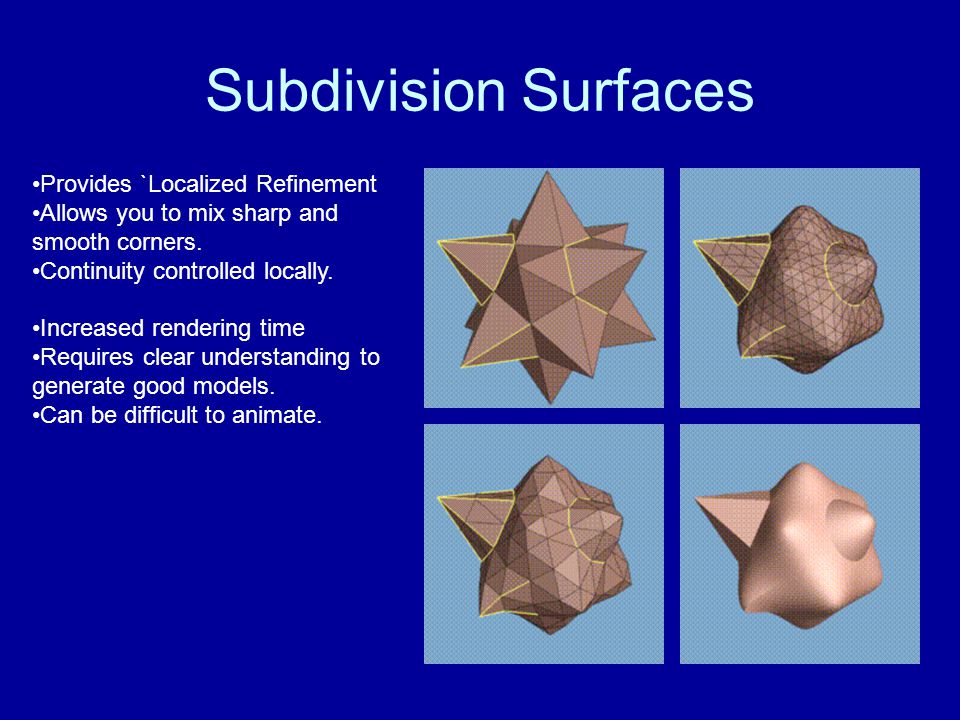 Subdivision Surfaces Provides `Localized Refinement Allows you to mix sharp and smooth corners.