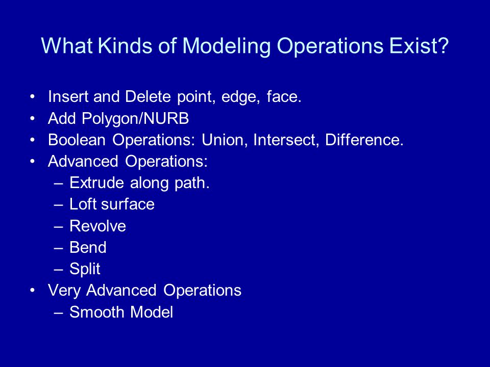 What Kinds of Modeling Operations Exist. Insert and Delete point, edge, face.