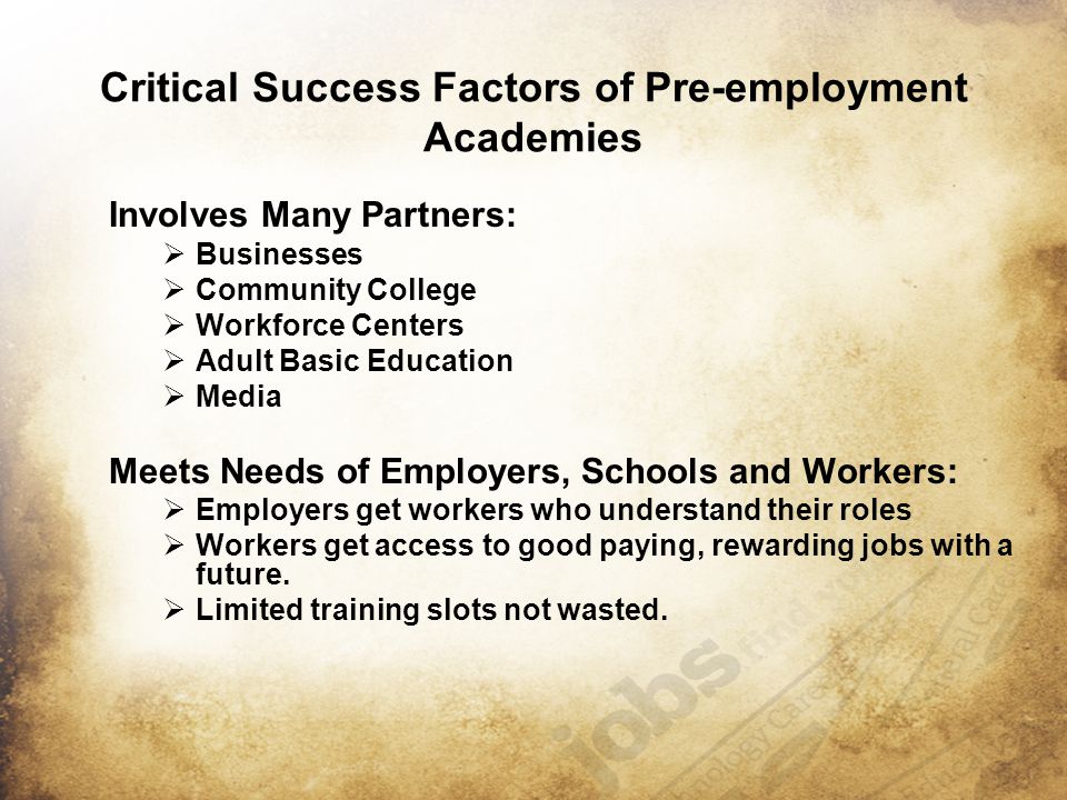 Critical Success Factors of Pre-employment Academies Involves Many Partners:  Businesses  Community College  Workforce Centers  Adult Basic Education  Media Meets Needs of Employers, Schools and Workers:  Employers get workers who understand their roles  Workers get access to good paying, rewarding jobs with a future.