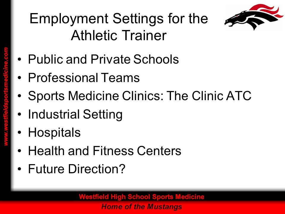 Employment Settings for the Athletic Trainer Public and Private Schools Professional Teams Sports Medicine Clinics: The Clinic ATC Industrial Setting Hospitals Health and Fitness Centers Future Direction