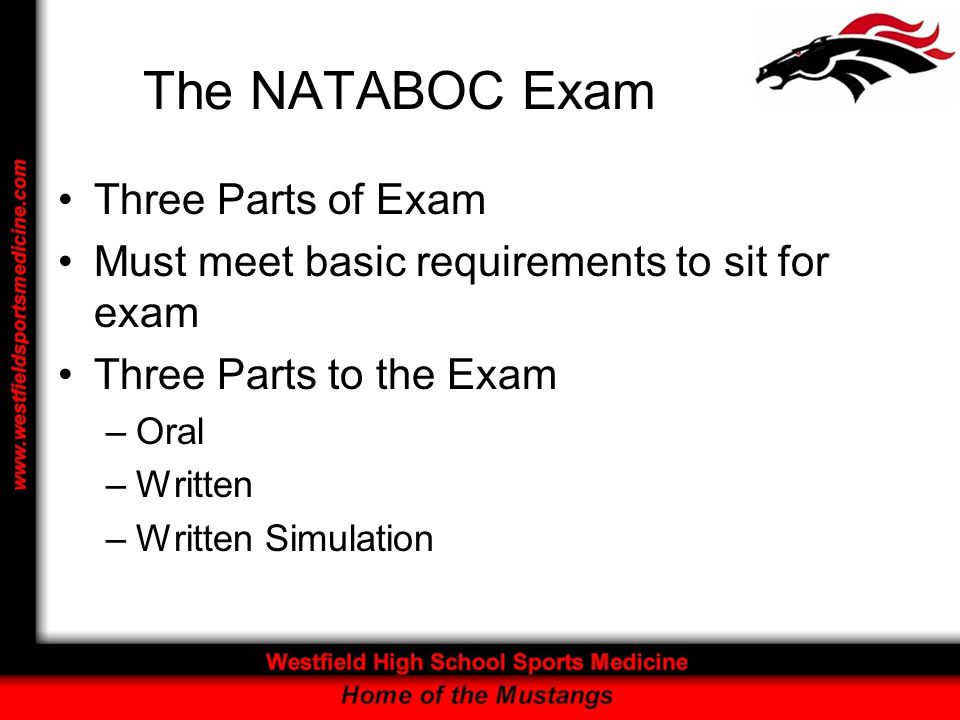 The NATABOC Exam Three Parts of Exam Must meet basic requirements to sit for exam Three Parts to the Exam –Oral –Written –Written Simulation