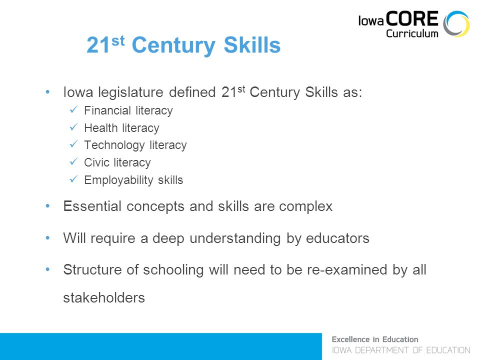 21 st Century Skills Iowa legislature defined 21 st Century Skills as: Financial literacy Health literacy Technology literacy Civic literacy Employability skills Essential concepts and skills are complex Will require a deep understanding by educators Structure of schooling will need to be re-examined by all stakeholders