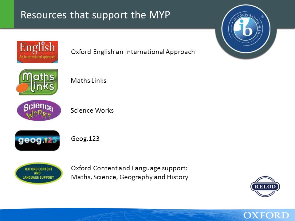 Resources that support the MYP Oxford English an International Approach Maths Links Science Works Geog.123 Oxford Content and Language support: Maths, Science, Geography and History