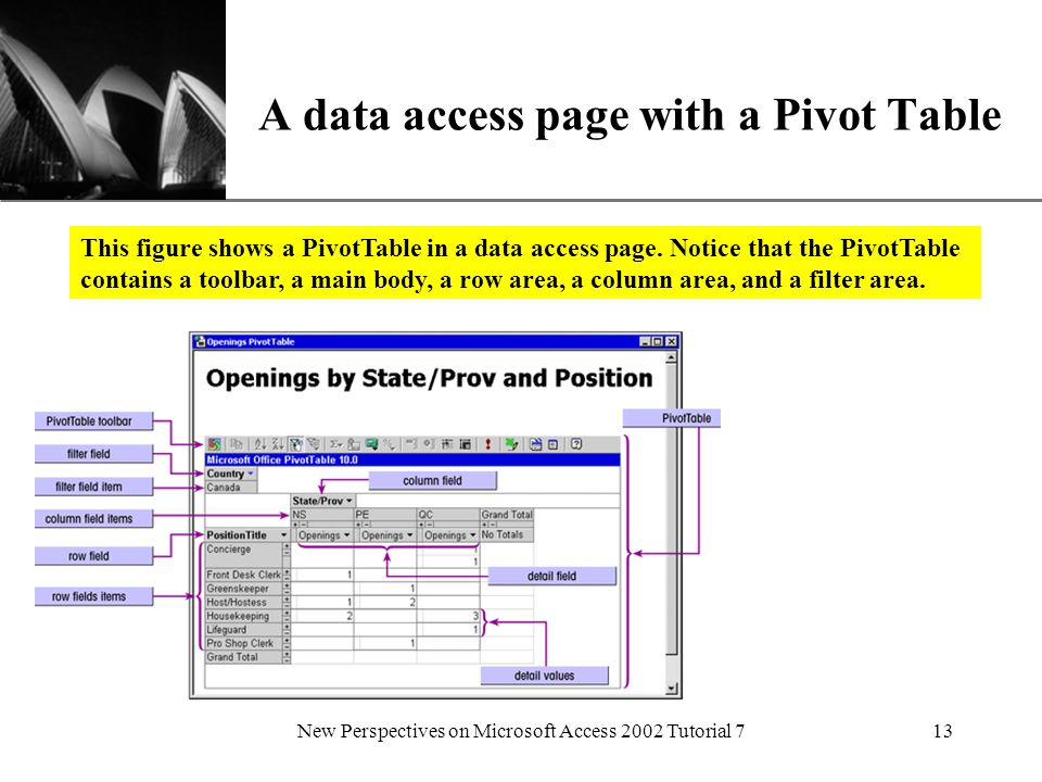 XP New Perspectives on Microsoft Access 2002 Tutorial 713 A data access page with a Pivot Table This figure shows a PivotTable in a data access page.